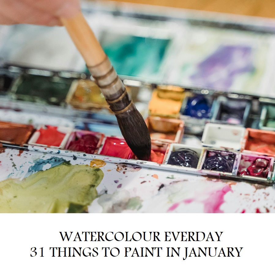 A water colour palette with a paint brush held over. The text 'WATERCOLOUR EVERDAY. 31 THINGS TO PAINT IN JANUARY' appears on a white background below the image.