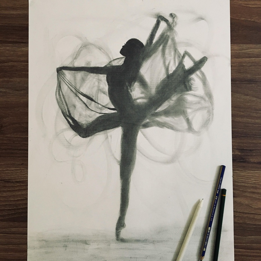 A black and white sketch of a ballerina. Different movements are superimposed on each other.